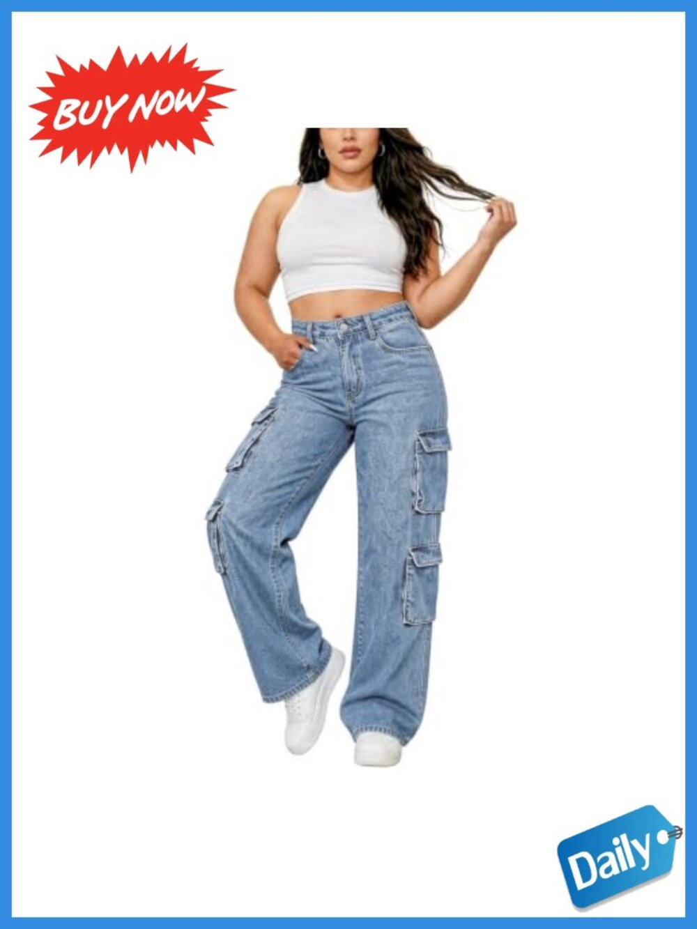 Plus Size Cargo Jeans High Waisted Stretchy Straight Leg Pull On Ankle